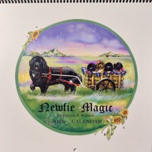 A Newfie pulls a wagon through a meadow.