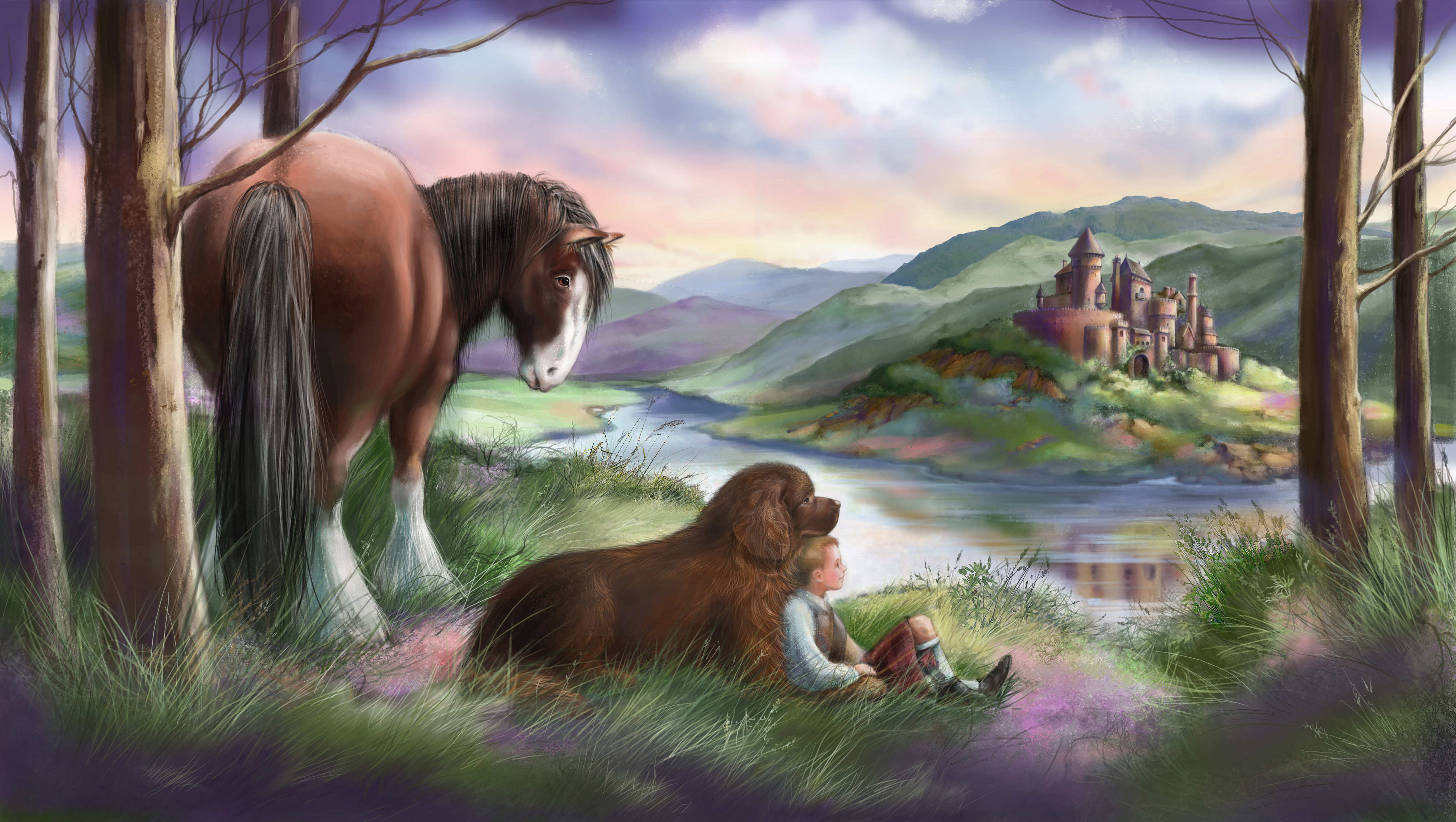 Clydesdale horse, Newfoundland dog, boy