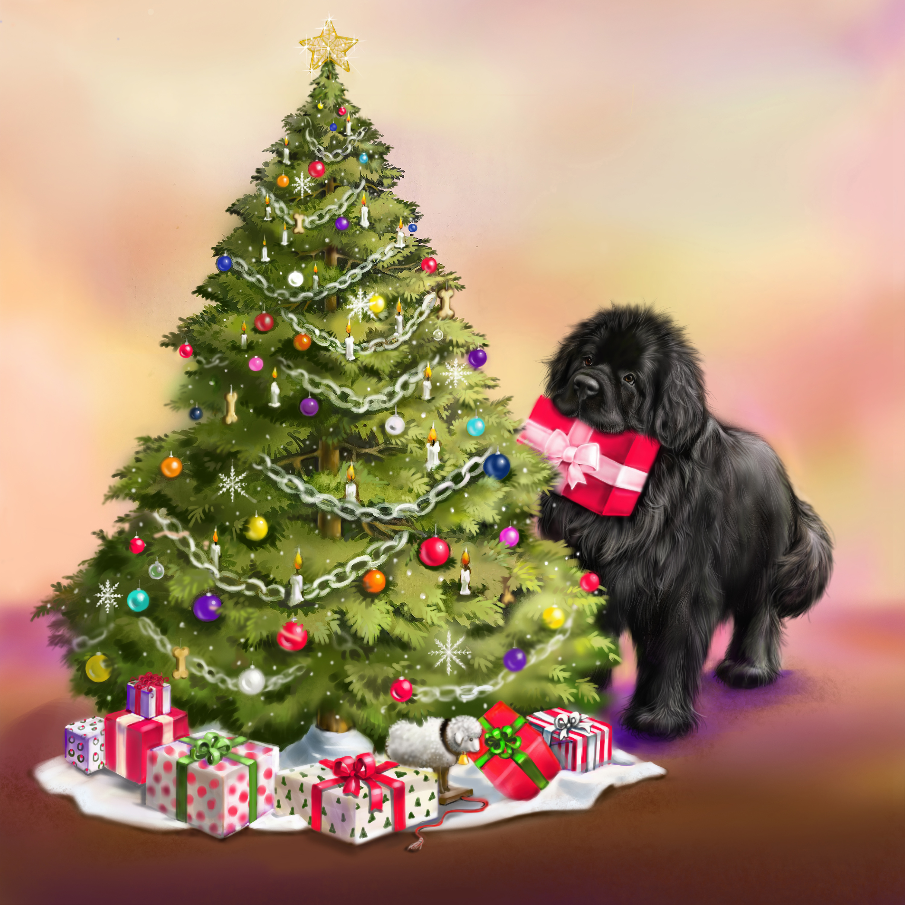 Newfie and Christmas tree